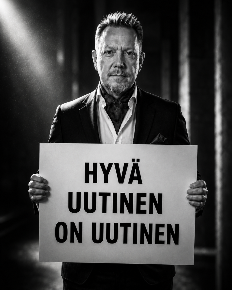 UTISONin perustaja seisoo käsissään kyltti Hyvä uutinen on uutinen