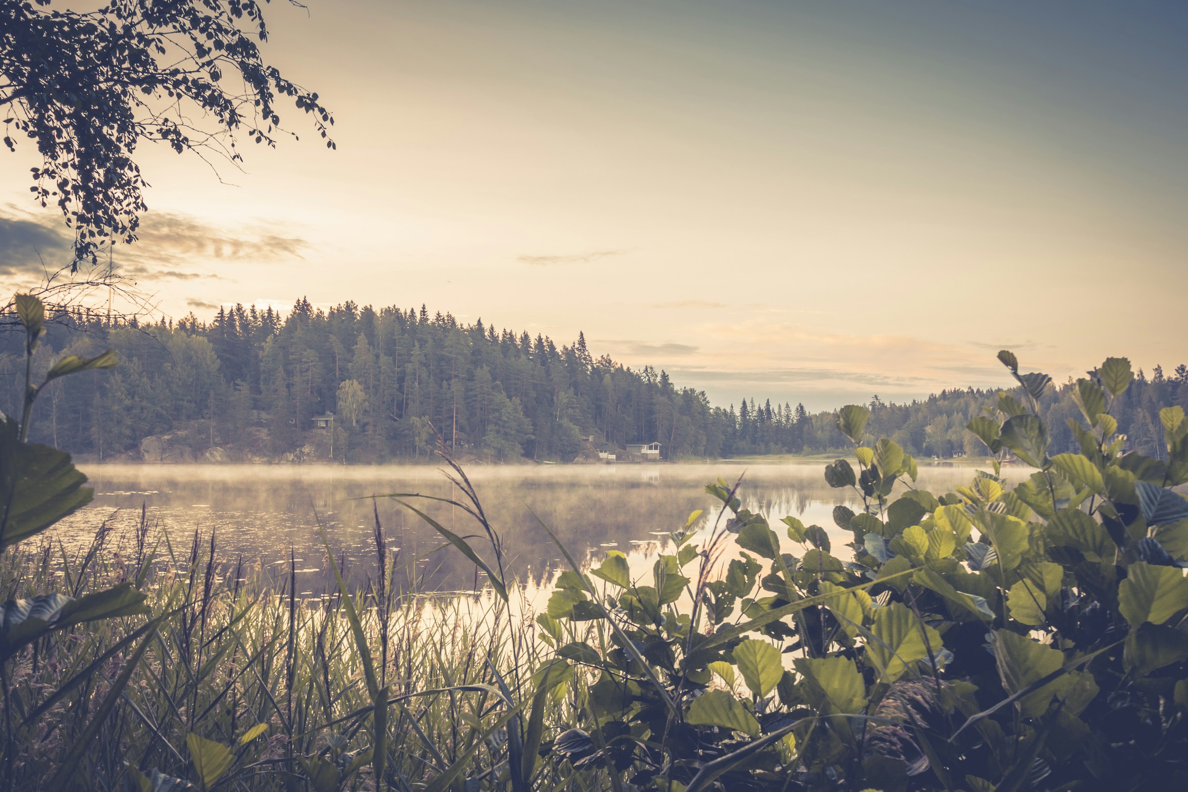 Suomalainen autereinen järvimaisema aikaisin aamulla kun aurinko on vasta nousemassa