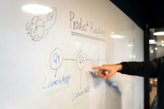 Start Up yrityksen esitystaululla. suunnitelma jota käsi osoittaa. Kuva: Slidebean/Unsplash. Kuvituskuva