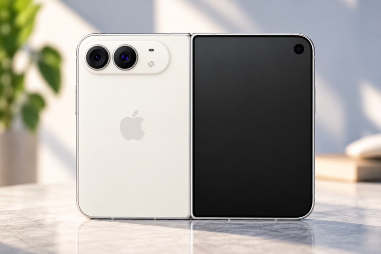 Kuvitus Applen valkoisesta iPhone Duo -taittopuhelimesta avattuna. Kuvituskuva: UTISON / AI-avusteinen kuvitus