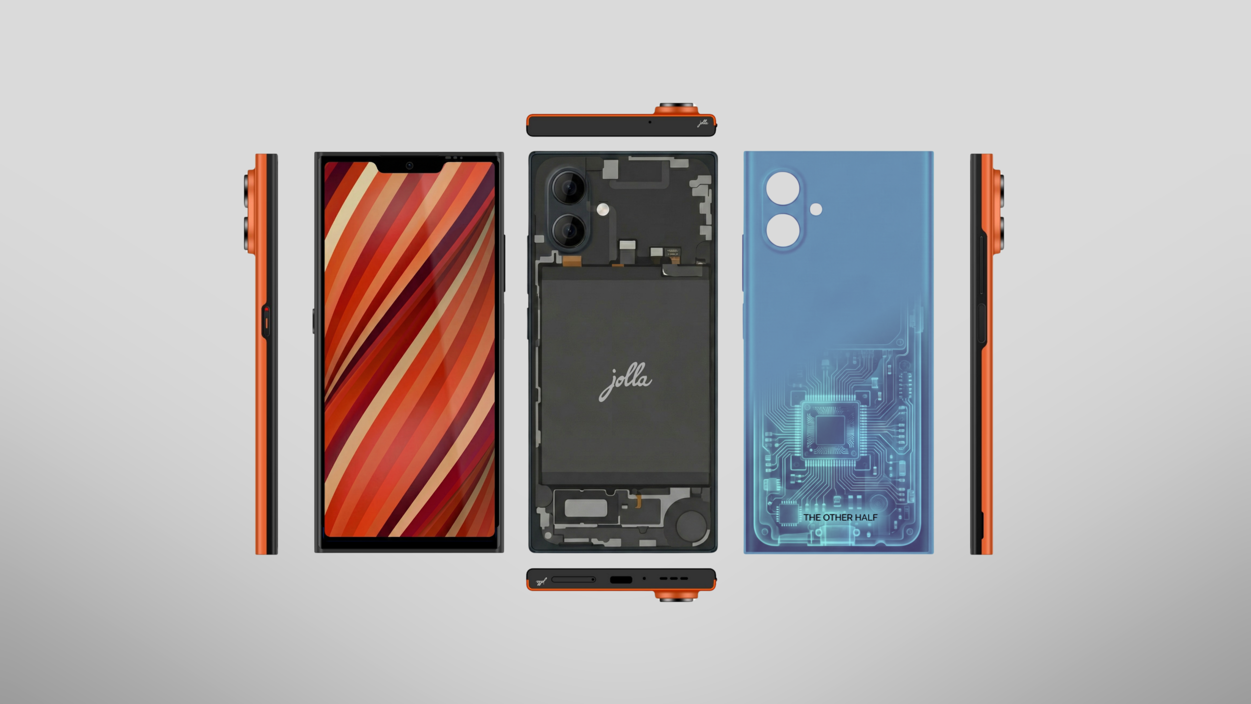 Jolla Phone 2026 eri suunnista kuvattuna sekä puhelimen läpinäkyvä takakuori ja sisäinen rakenne.
