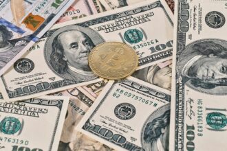 Bitcoin-kolikko Yhdysvaltain dollarin seteleiden päällä digitaalista rahaa kuvaavassa kuvituskuvassa. Kuva: Engin Akyurt / Pixabay