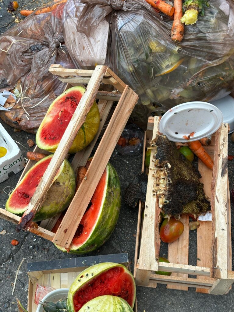 Pois heitettyjä vesimeloneja, porkkanoita ja muita kasviksia ruokajätteen joukossa.