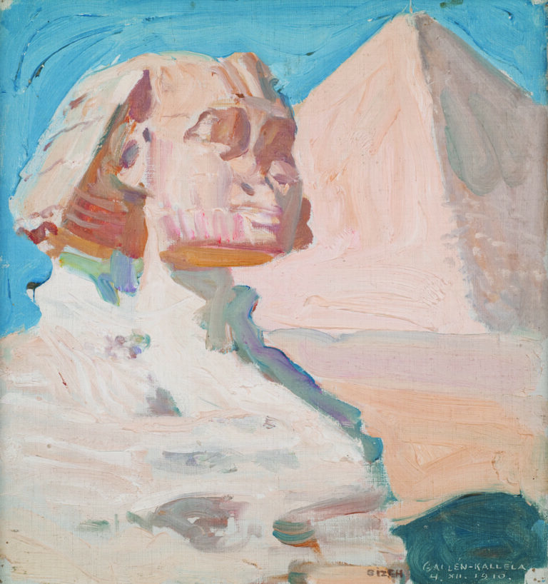 Akseli Gallen-Kallelan Sfinksi ja pyramidi -maalaus vuodelta 1910. Teoksessa näkyvät Egyptin kuuluisa sfinksi ja pyramidi.