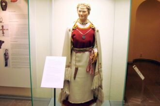 Museossa esillä oleva 1100-luvun suomalaisen naisen muinaispuvun ennallistus, jossa on punainen mekko, vaalea esiliina, viitta ja koristeellisia koruja