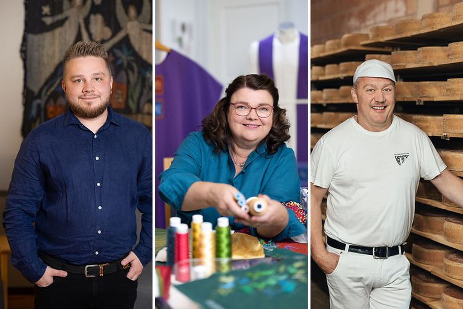 Vuoden 2026 yrittäjäpalkitut Samuli Mattila, Helena Vaari-Silventoinen ja Peter Dörig kuvattuna omissa työympäristöissään.